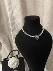 Chanel blu cuore perla strass collana-3594  