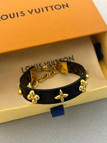 Louis Vuitton LV lettera fiore nero cuoio oro rivetto catena fine cuoio braccialetto braccialetto-36