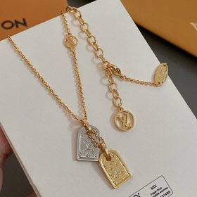 Louis Vuitton LV incisa lettera fiore oro e argento doppio scudo collana-3662
