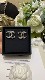 Chanel bianco smalto doppio C argento orecchini-3743  