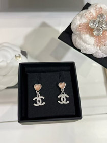 Chanel rosa piccolo cuore argento diamante pieno doppio C orecchini-3747  